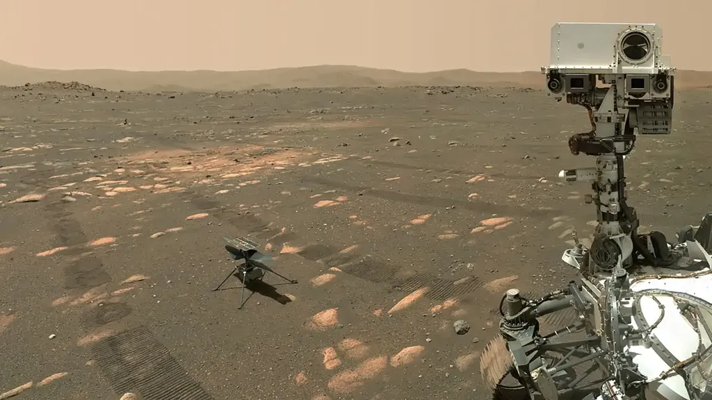 O rover Perseverance auxilia na comunicação do Ingenuity com a Terra (Imagem: Reprodução/NASA)