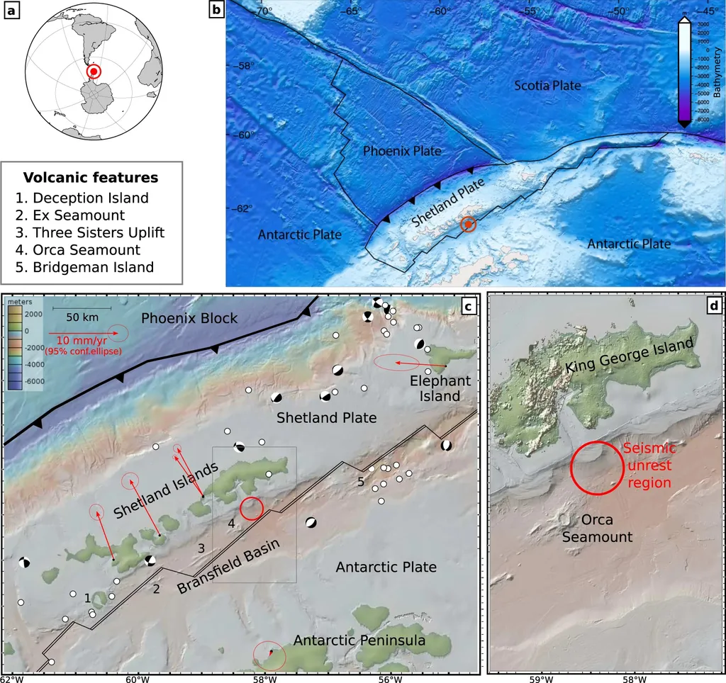 O mapa das Ilhas Shetland do Sul com a localização do vulcão submarino e a região de maior atividade sísmica (Imagem: Reprodução/Simone Cesca et al.)