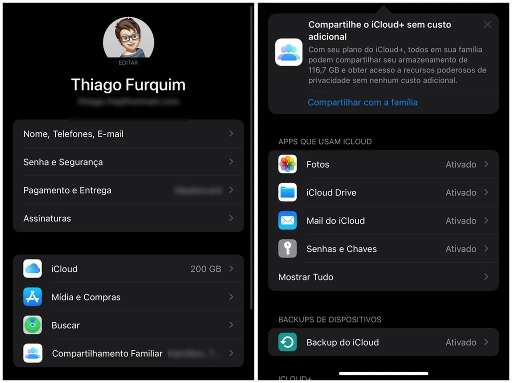 Ative o backup do iCloud para adquirir espaço de armazenamento no iPhone e iPad (Imagem: Captura de tela/Thiago Furquim/Canaltech)