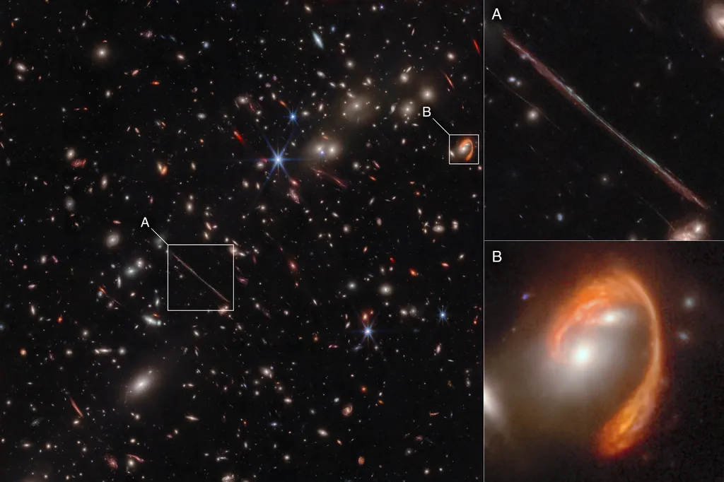 Aglomerado de galáxias El Gordo, com detalhes que destacam La Flaca e El Anzuelo nos quadros A e B, respectivamente (Imagem: Reprodução/NASA, ESA, CSA)