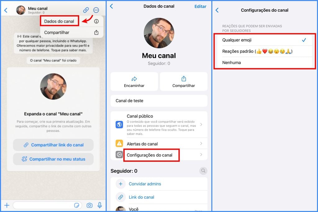 Como definir as reações para um canal no WhatsApp na versão para iOS (Imagem: Captura de tela/Guilherme Haas/Canaltech)