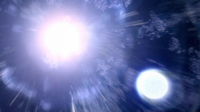Ilustração de uma supernova emitindo radiação intensa sobre uma segunda estrela (Imagem: Reprodução/NASA/ESA/Leah Hustak (STScI)) 