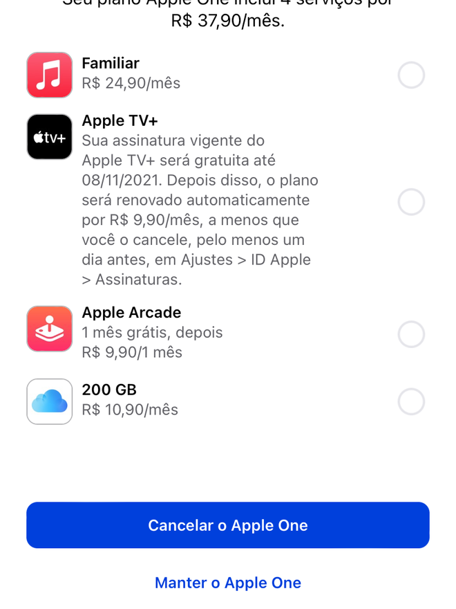 Confira os valores dos serviços individuais ou cancele o Apple One. Captura de tela: Lucas Wetten (Canaltech)