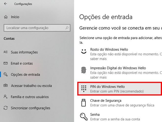 Clique em "PIN do Windows Hello" para alterar a senha (Captura de tela: Matheus Bigogno)