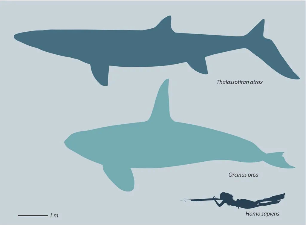 Comparação entre o tamanho de um Thalassotitan atrox, uma orca e um ser humano (Imagem: University of Bath/Reprodução)