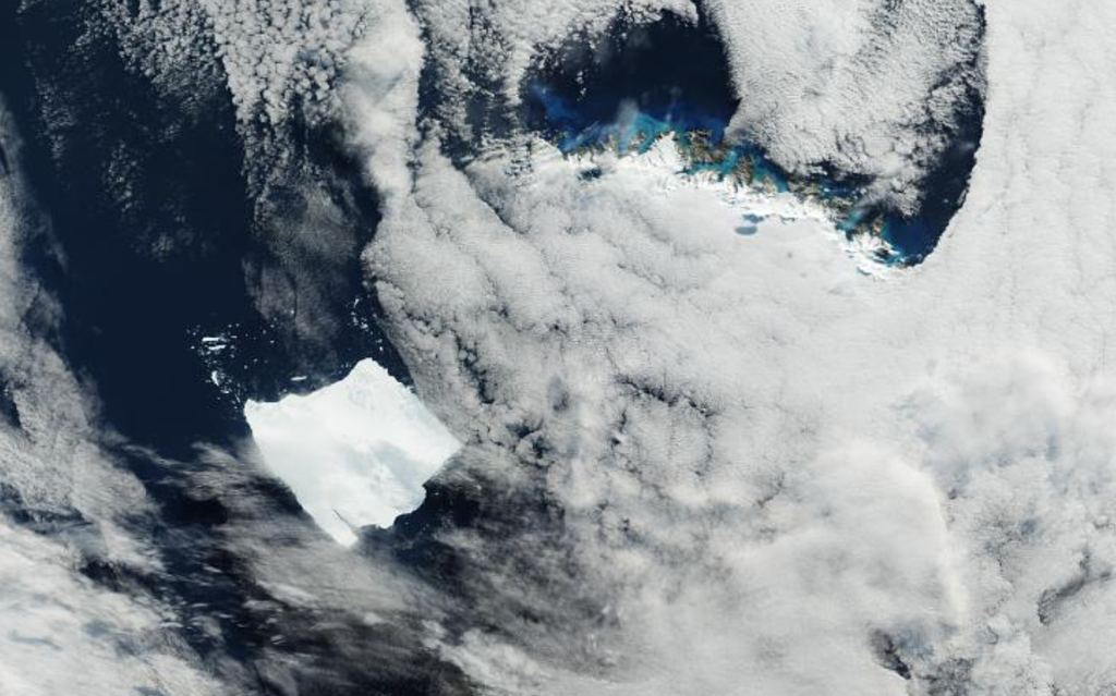 Close da imagem de satélite tomada da posição do iceberg A-23a, encalhada a mais de 70 km da ilha Geórgia do Sul (Imagem: Copernicus Sentinel 3/ESA)