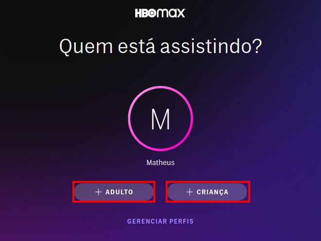 Clique em "Adulto" ou "Criança" para criar um novo perfil (Captura de tela: Matheus Bigogno)