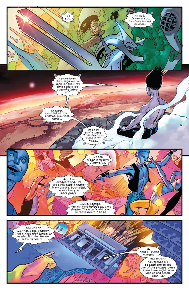 Cena de Legion of X nº 1 em que Legião mostra seu "Altar"; personagem da Marvel ganha traços do Doutor Manhattan da DC (Imagem: Reprodução/Marvel)