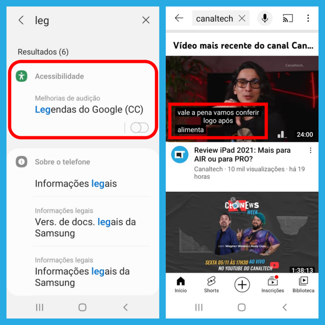 As legendas do Google podem ser usadas para vídeos do YouTube, podcasts e outros apps de áudio e vídeo (Captura de tela: Caio Carvalho/Canaltech)