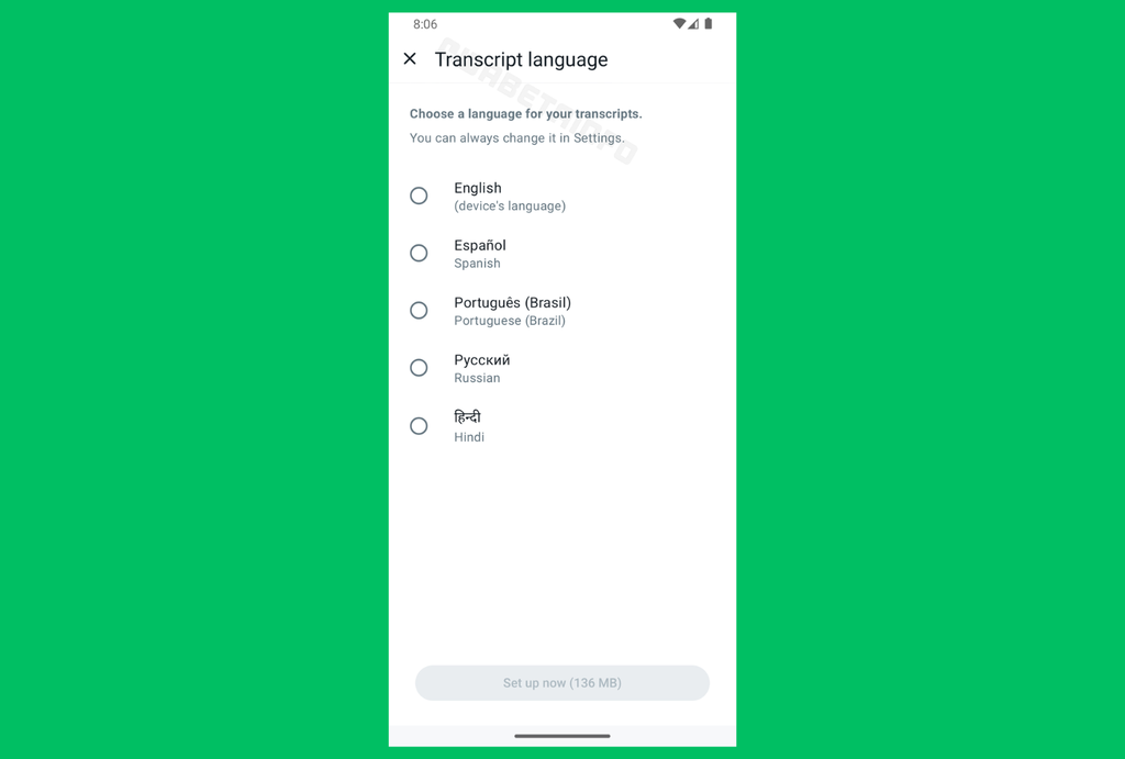 Usuário vai precisar escolher um idioma padrão para as transcrições (Imagem: Reprodução/WABetaInfo)