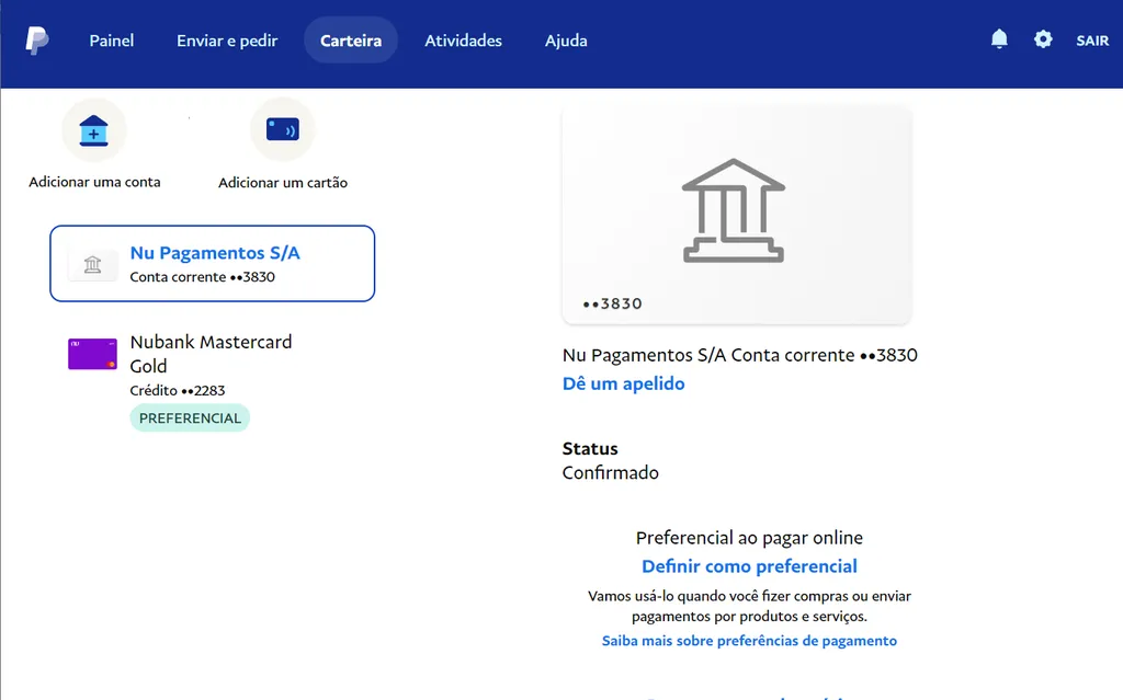 Vincule sua conta bancária no PayPal (Captura de tela: Thiago Furquim/Canaltech)
