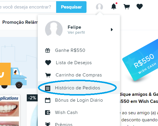 Clique em sua foto de perfil para ter acesso a opção "Histórico de Pedidos" — www.Wish.com (Reprodução/ Felipe Freitas)