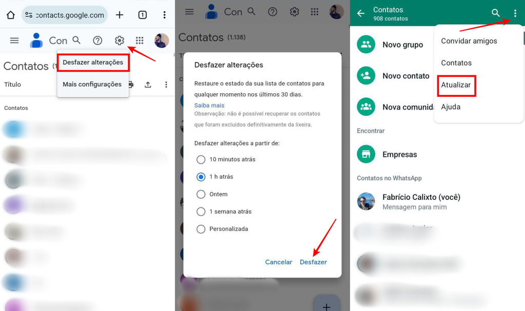 É possível recuperar contatos apagados do WhatsApp no Android usando o Google Contatos (Imagem: Captura de tela/Fabrício Calixto/Canaltech)