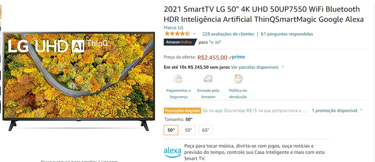 2021 SmartTV LG 50" 4K UHD 50UP7550 WiFi Bluetooth HDR Inteligência ...