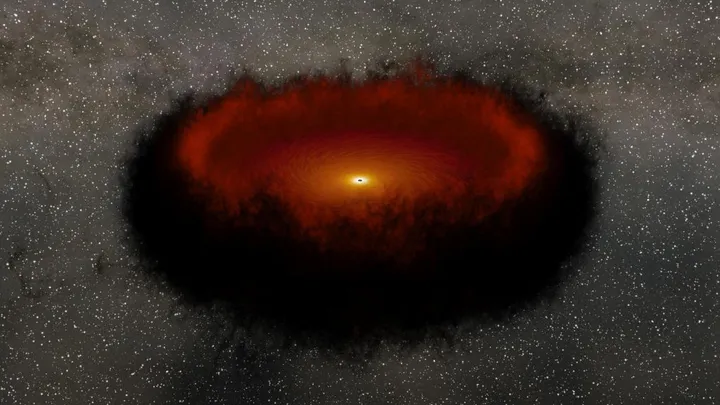 Ilustração de buraco negro cercado por nuvem de gás e poeira (Imagem: Reprodução/NASA/JPL-Caltech)