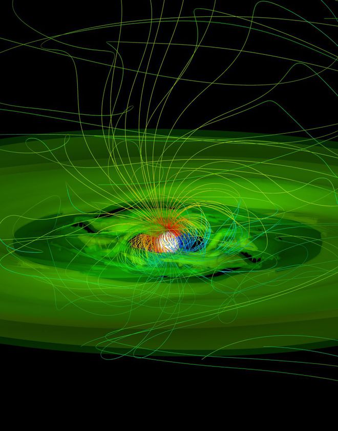 Simulação por computador de um disco de protoplanetário e as linhas do campo magnético (multicolorido) em uma estrela jovem (Imagem: Reprodução/Marina Romanova)