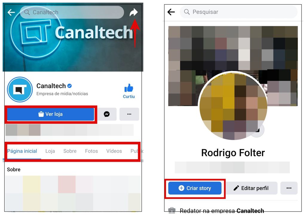 Diferenças visuais entre página e perfil no Facebook (Captura de tela: Rodrigo Folter