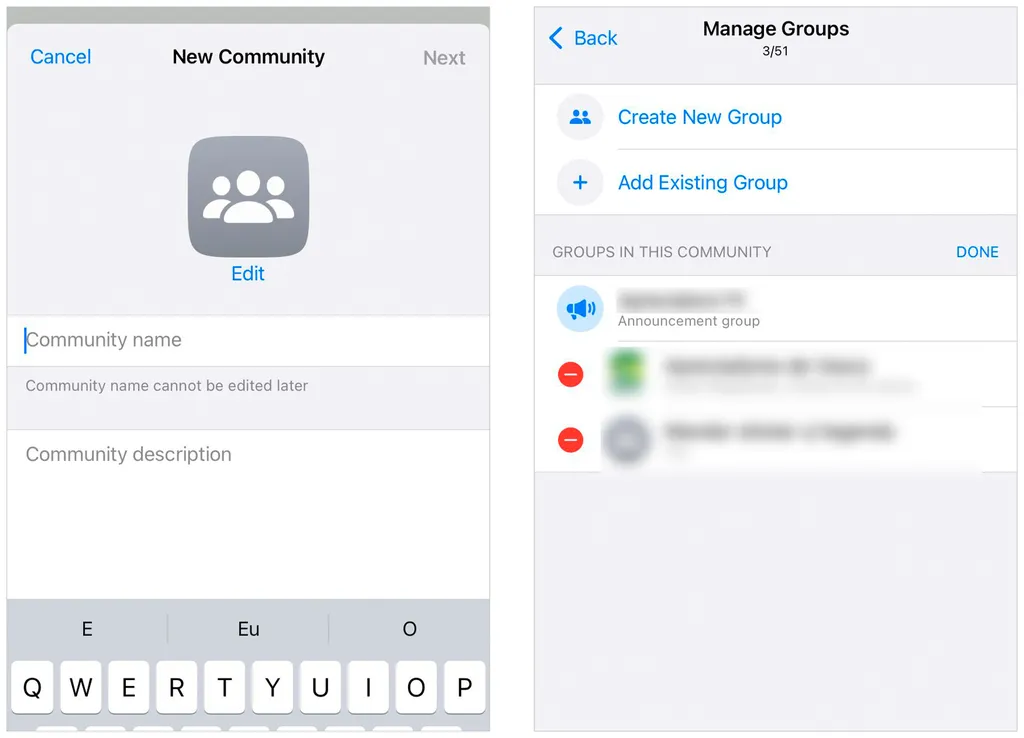 Administradores de comunidades no WhatsApp podem editar informações principais e gerenciar grupos (Captura de tela: André Magalhães)