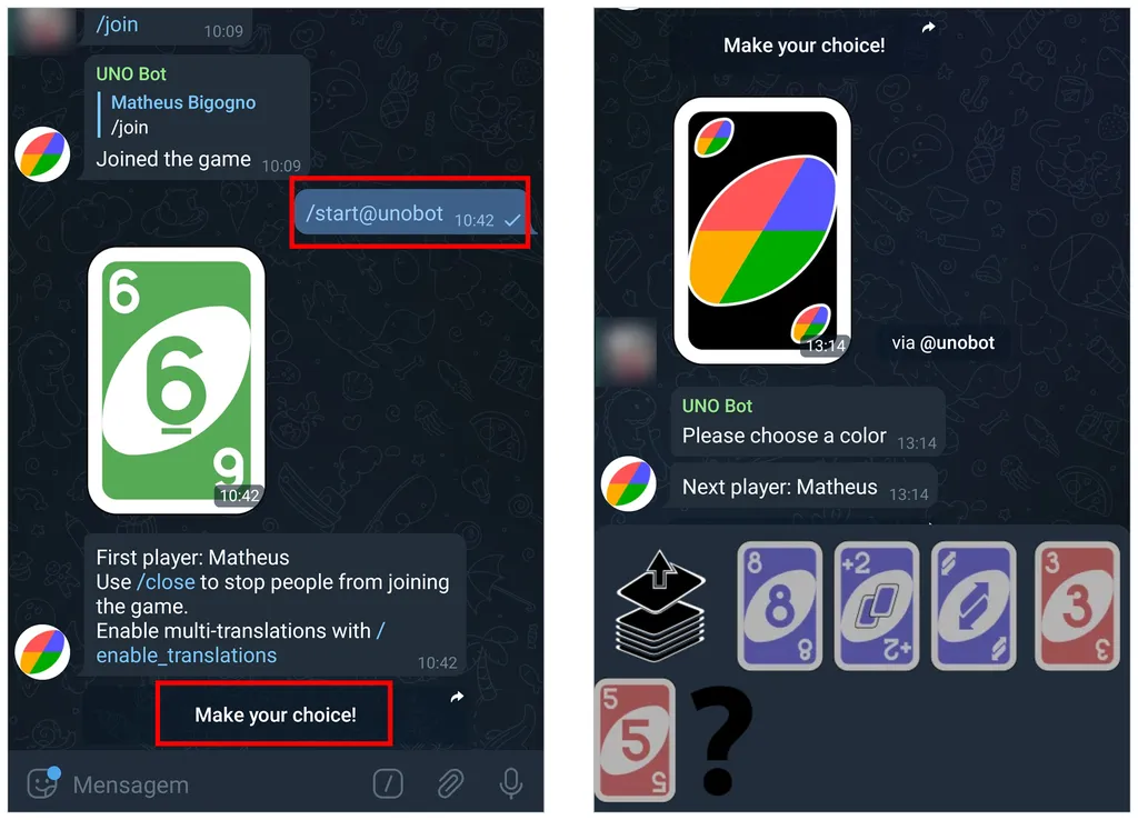 Confira como jogar UNO no Telegram (Captura de tela: André Magalhães)