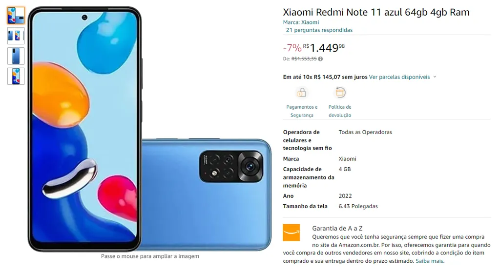 Smartphone Xiaomi Redmi Note 11 Azul 64GB 4GB RAM - Canaltech Ofertas