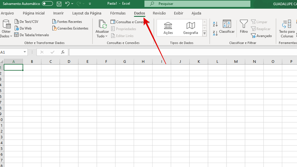 Abra o Excel e clique em dados (Imagem: Guadalupe Carniel/Captura de tela)