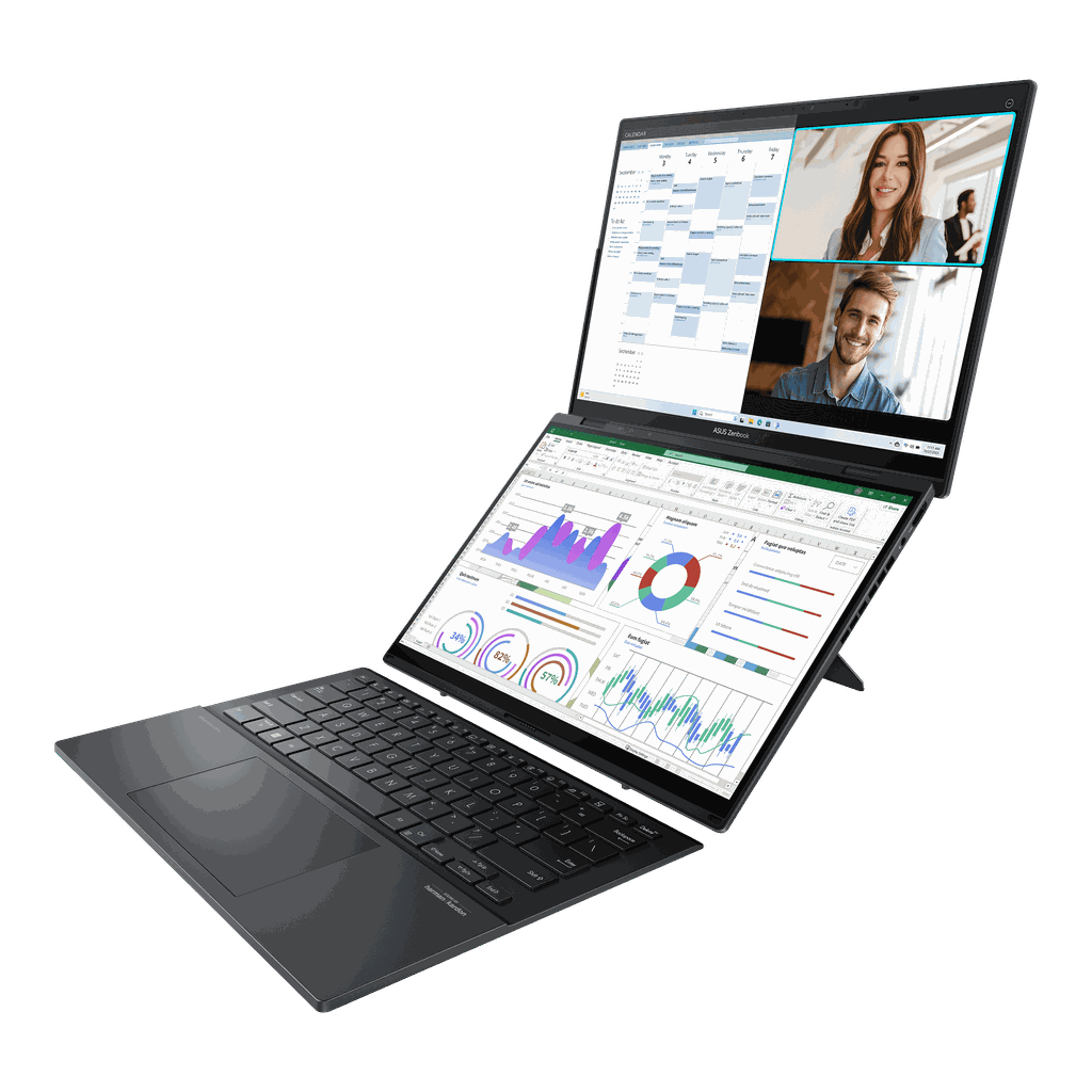 O novo ASUS Zenbook Duo 2024 amplia o conceito de tela dupla ao oferecer duas telas OLED de 14 polegadas com resolução 2,8K e taxa de atualização de 120 Hz (Imagem: Divulgação/ASUS)
