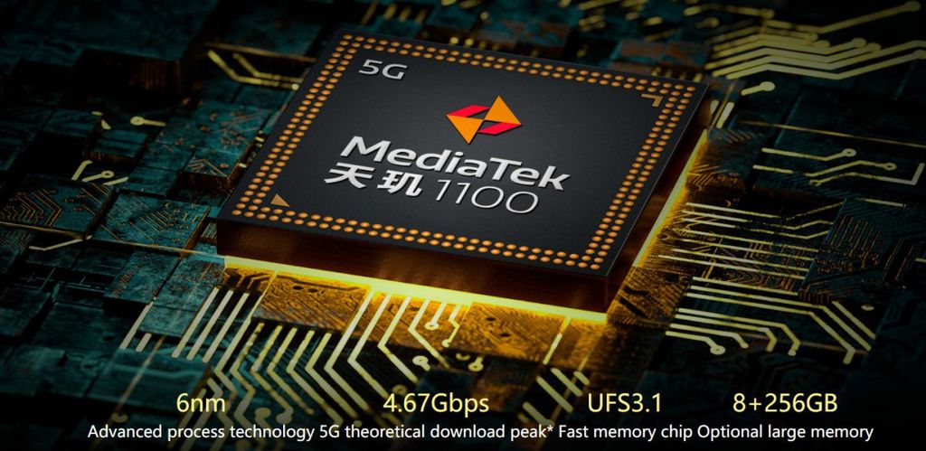Segundo chip mais potente da MediaTek, o Dimensity 1100 é apenas 7% em média inferior ao Dimensity 1200 e consegue encarar opções como o Snapdragon 870 (Imagem: Divulgação/Realme)