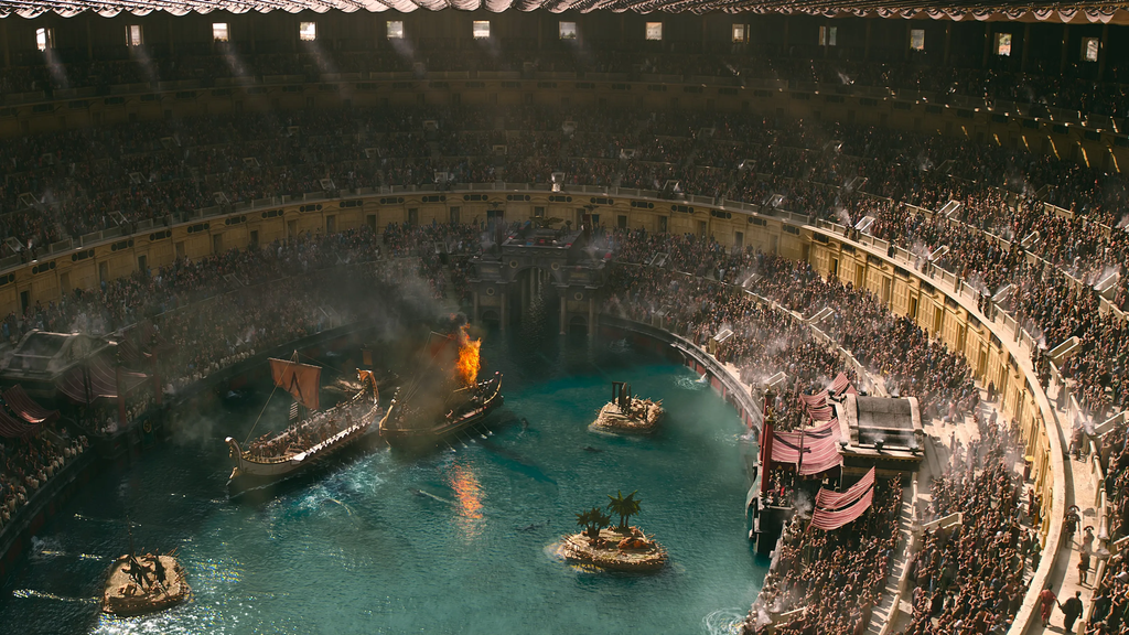 O Coliseu (Anfiteatro Flávio) em Gladiador II: por incrível que pareça, há relatos de que ele realmente foi preenchido com água para uma batalha naval como no filme! (Imagem: Universal/Divulgação)