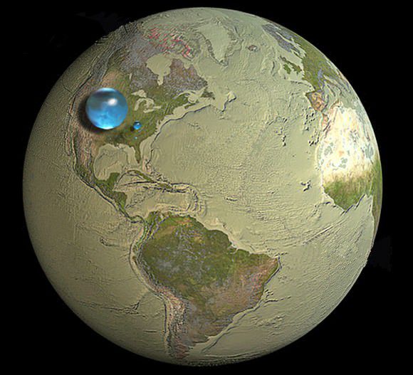 A esfera maior representa o total de água na Terra; a de tamanho médio é o total de água doce líquida, e a menor, o total presente nos rios e lagos (Imagem: Reprodução/Howard Perlman, USGS/Jack Cook, WHOI)