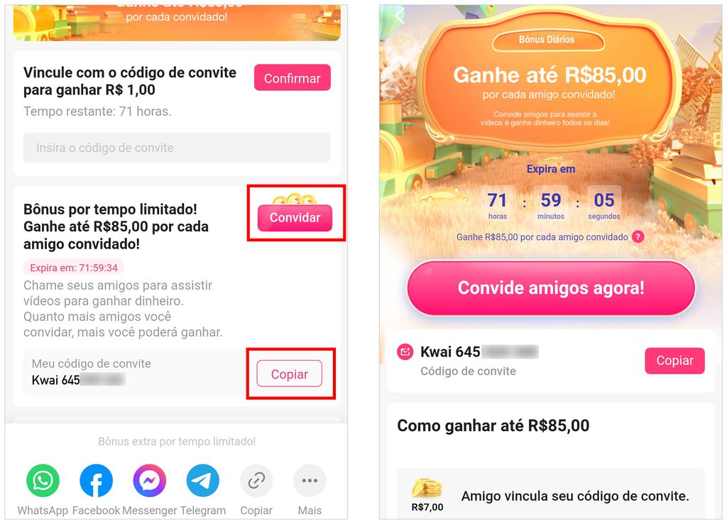 App também permite compartilhar o seu próprio código de convite (Imagem: Captura de tela/André Magalhães/Canaltech)