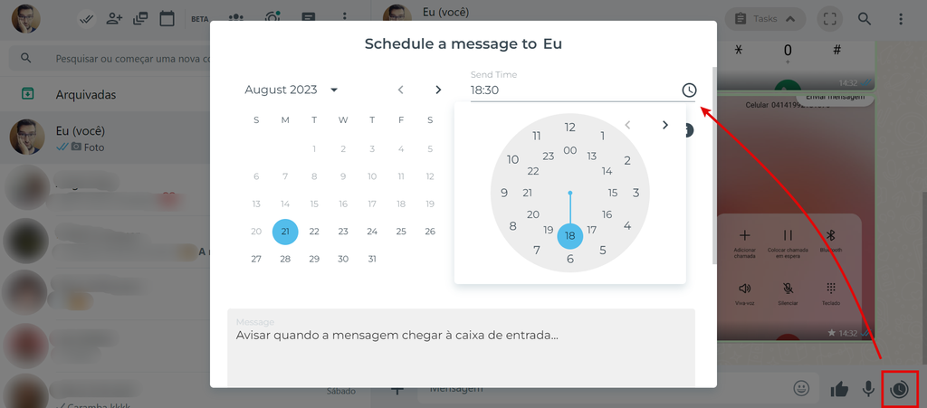 Extensão BlueTicks adiciona um botão de agendamento de mensagem no WhatsApp Web (Imagem: Captura de tela/Guilherme Haas/Canaltech)