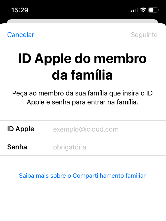 Peça para pessoa digitar o acesso do ID Apple para receber o convite em seu dispositivo - Captura de tela: Thiago Furquim (Canaltech)