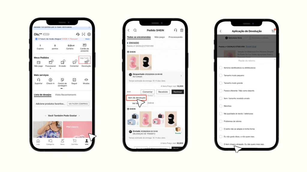 Captura de tela do processo de devolução no app da Shein