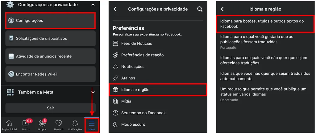 É possível mudar o idioma do Facebook pelo aplicativo de celular no Android e iPhone (Captura de tela: Caio Carvalho)