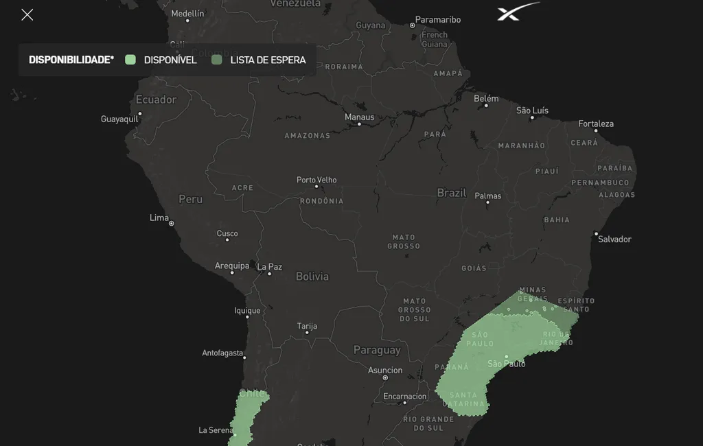 Mapa da disponibilidade da rede Starlink no Brasil; as áreas mais claras já têm o serviço disponível, e as mais escuras estão na lista de espera (Imagem: Captura de tela/Starlink)