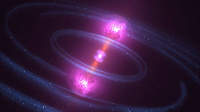 Quando estrelas de nêutrons colidem, detritos são "expulsos" em jatos de partículas que se movem a velocidades próximas da da luz, e produzem emissões de raios gama (Imagem: Reprodução/NASA's Goddard Space Flight Center/CI Lab)