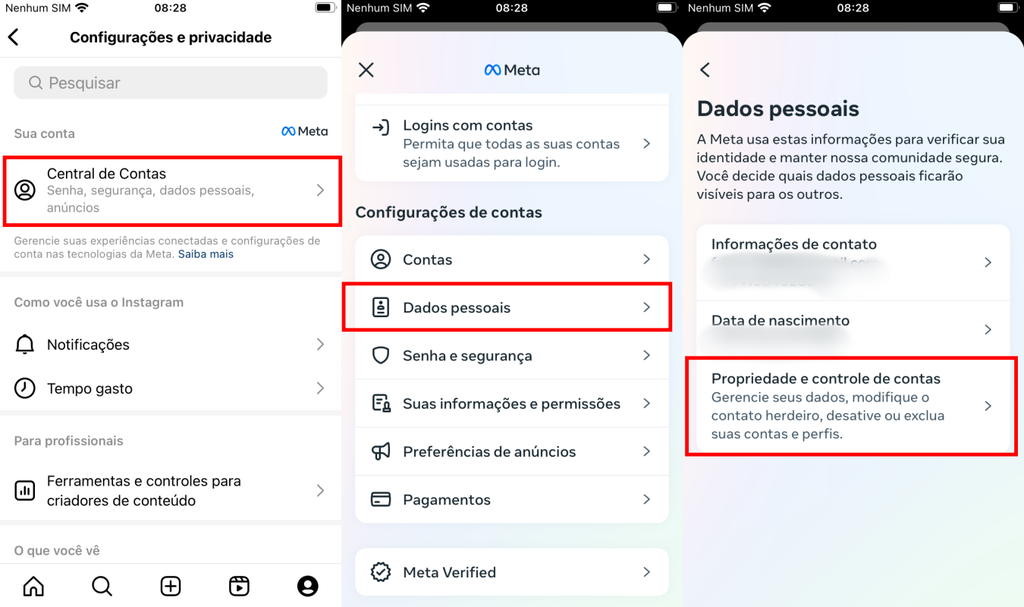 É possível desativar o Instagram pelo celular via Central de Contas (Imagem: Captura de tela/Fabrício Calixto/Canaltech)