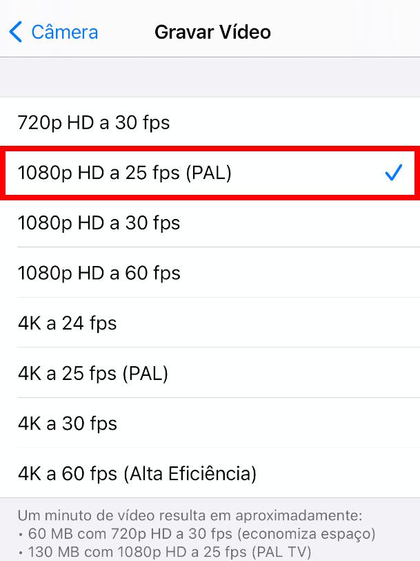 Com o iOS 14.3, os usuários podem gravar vídeos no formato PAL, a 25 FPS(Captura de tela: Bruno Salutes/Canaltech)