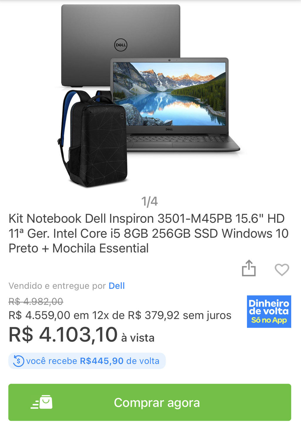 Kit Notebook Dell Inspiron 3501M45PB 15.6” HD 11ª Ger. Intel Core i5