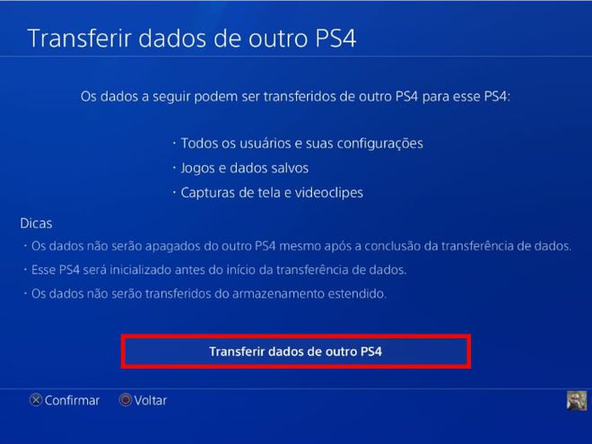 Em seguida, acesse o item "Transferir dados de outro PS4" (Captura de tela: Matheus Bigogno)