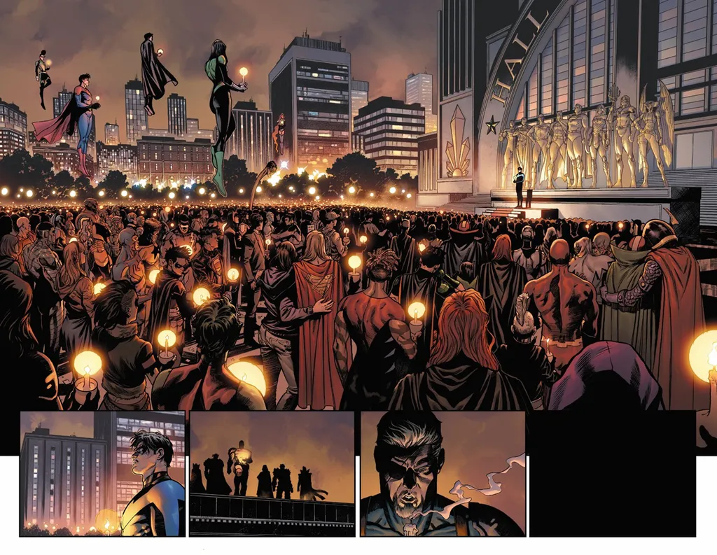 Homenagem da comunidade heróica aos mortos da Liga da Justiça em Dark Crisis #1 (Imagem: Reprodução/DC Comics)