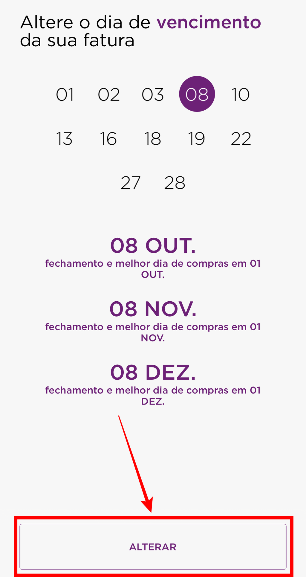 O app mostrará uma simulação de quando será a data de fechamento e vecimento da próxima fatura caso você altere a data atual (Captura de tela: Caio Carvalho/Canaltech)
