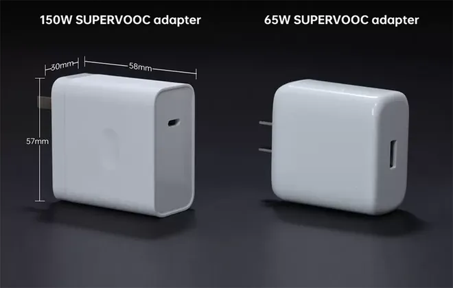 Adaptador de tomada de 150 W tem dimensões semelhantes ao modelo de 65W e é padronizado com saída USB-C (Imagem: Reprodução/Oppo)