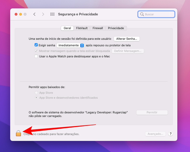 Clique no cadeado para poder realizar alterações nas permissões do macOS. Captura de tela: Lucas Wetten (Canaltech)