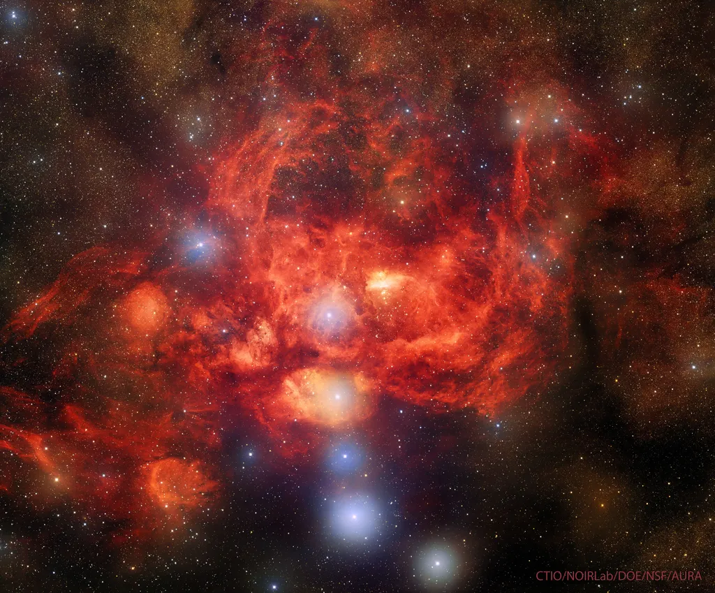 A Nebulosa da Lagosta abriga estrelas massivas em formação (Imagem: Reprodução/CTIO/NOIRLab/DOE/NSF/AURA/T. A. Rector (U. Alaska Anchorage/NSF’s NOIRLab), J. Miller (Gemini Obs./NSF’s NOIRLab), M. Zamani & D. de Martin)