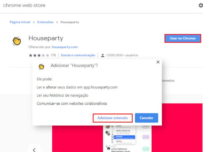 Na Chrome Web Store, procure pelo Houseparty e clique em "Usar no Chrome" (Captura de tela: Matheus Bigogno)