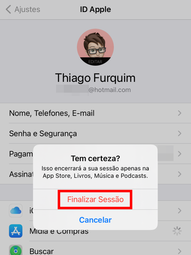Toque em "Finalizar Sessão" para desvincular as "Mídias e Compras" do ID Apple atual - Captura de tela: Thiago Furquim (Canaltech)