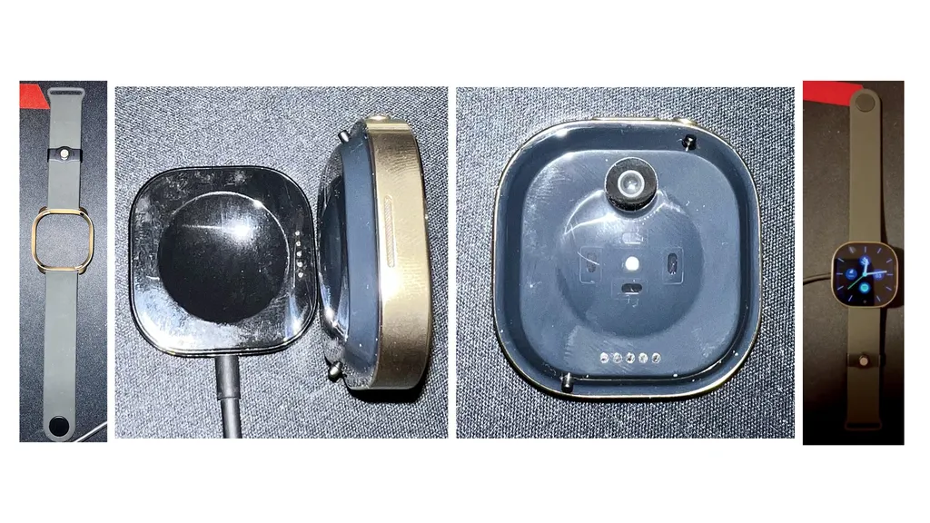 Fotos mostram pulseira, carregador e corpo do relógio inteligente da Meta com duas câmeras (Imagem: Reprodução/Bloomberg)
