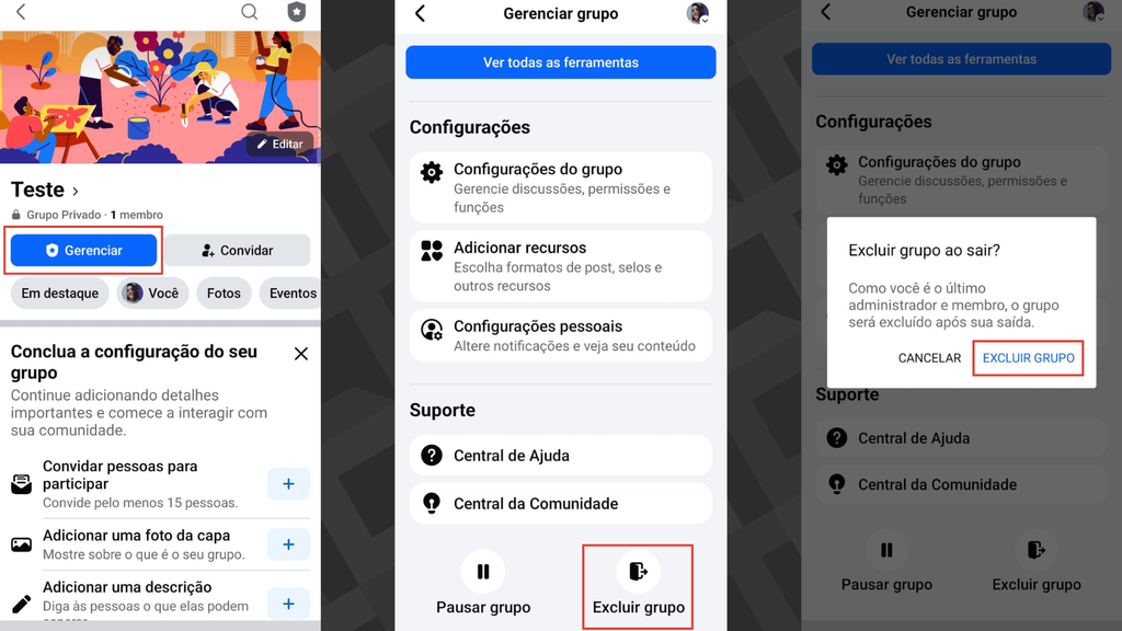Passos para excluir grupo no Facebook