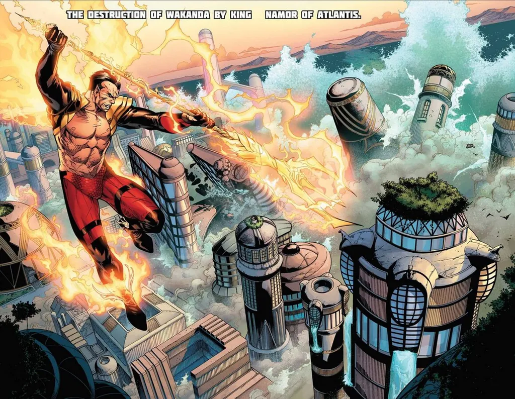 Namor usou o poder da Força Fênix para inundar Wakanda (Imagem: Reprodução/Marvel Comics)